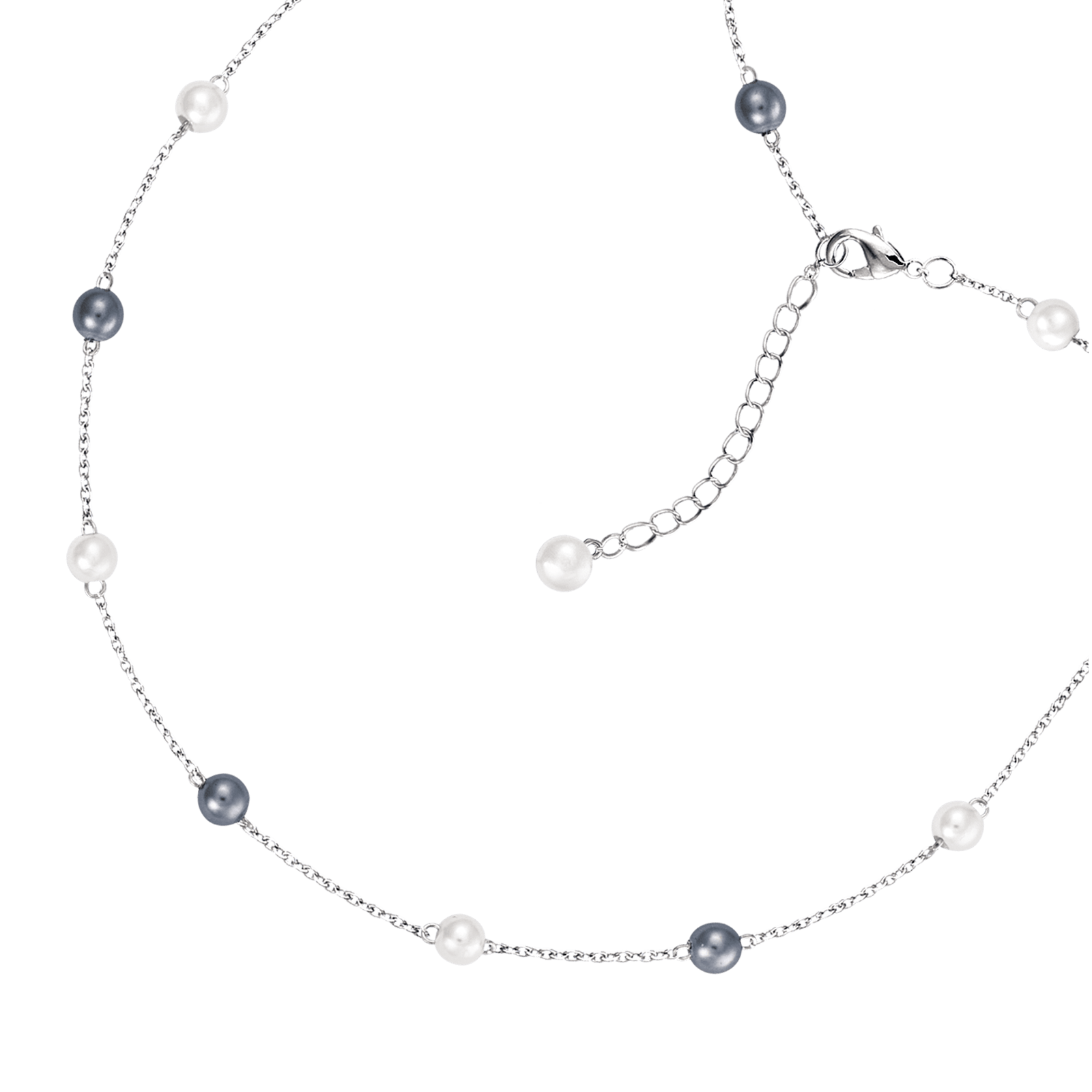 Collier Argent Rond perles blanches et noire synthétique