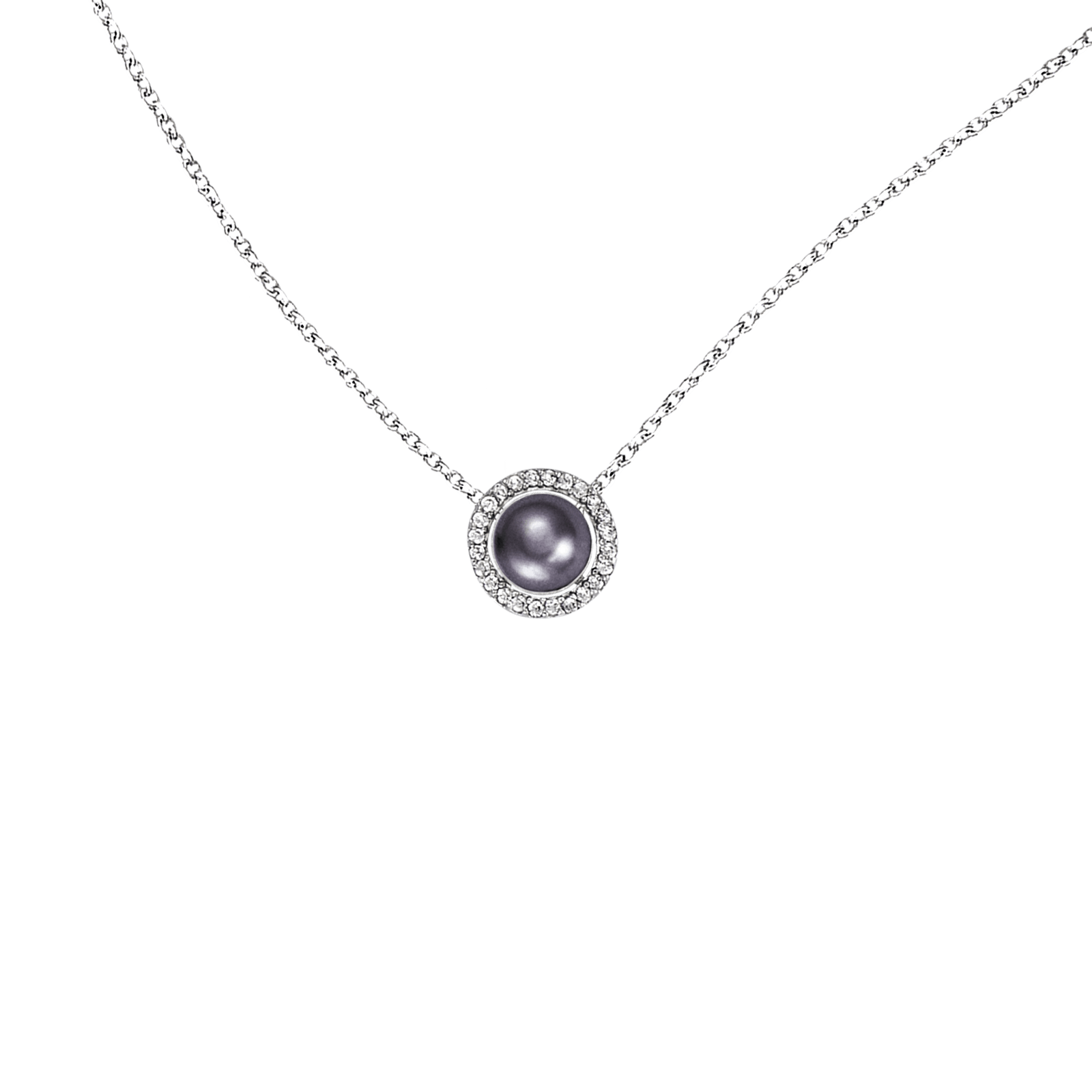 Collier Argent Rond Perle synthétique grise et Oxyde de Zirconium