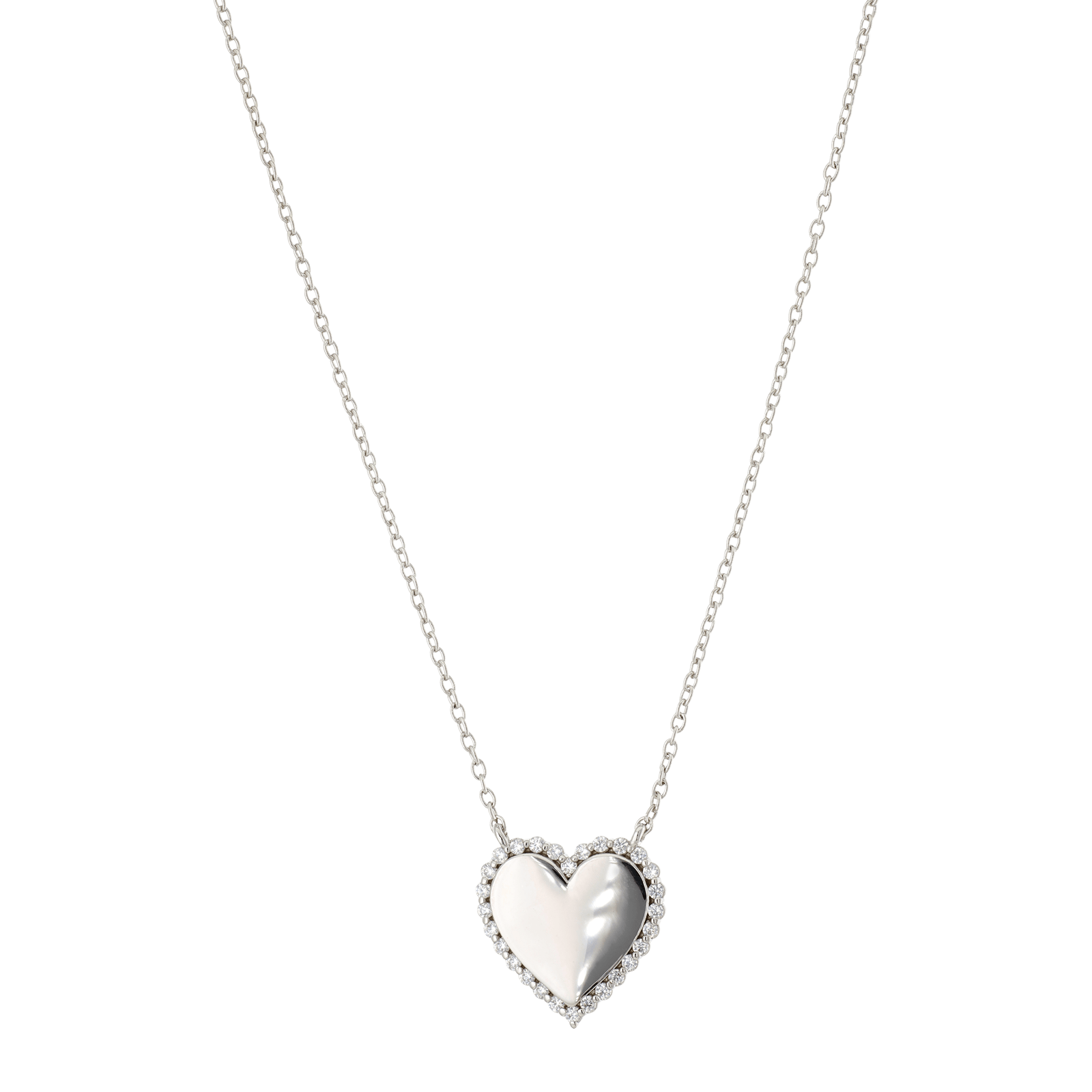 Collier Argent Rond coeur Lisse Entourage Oxydes blancs