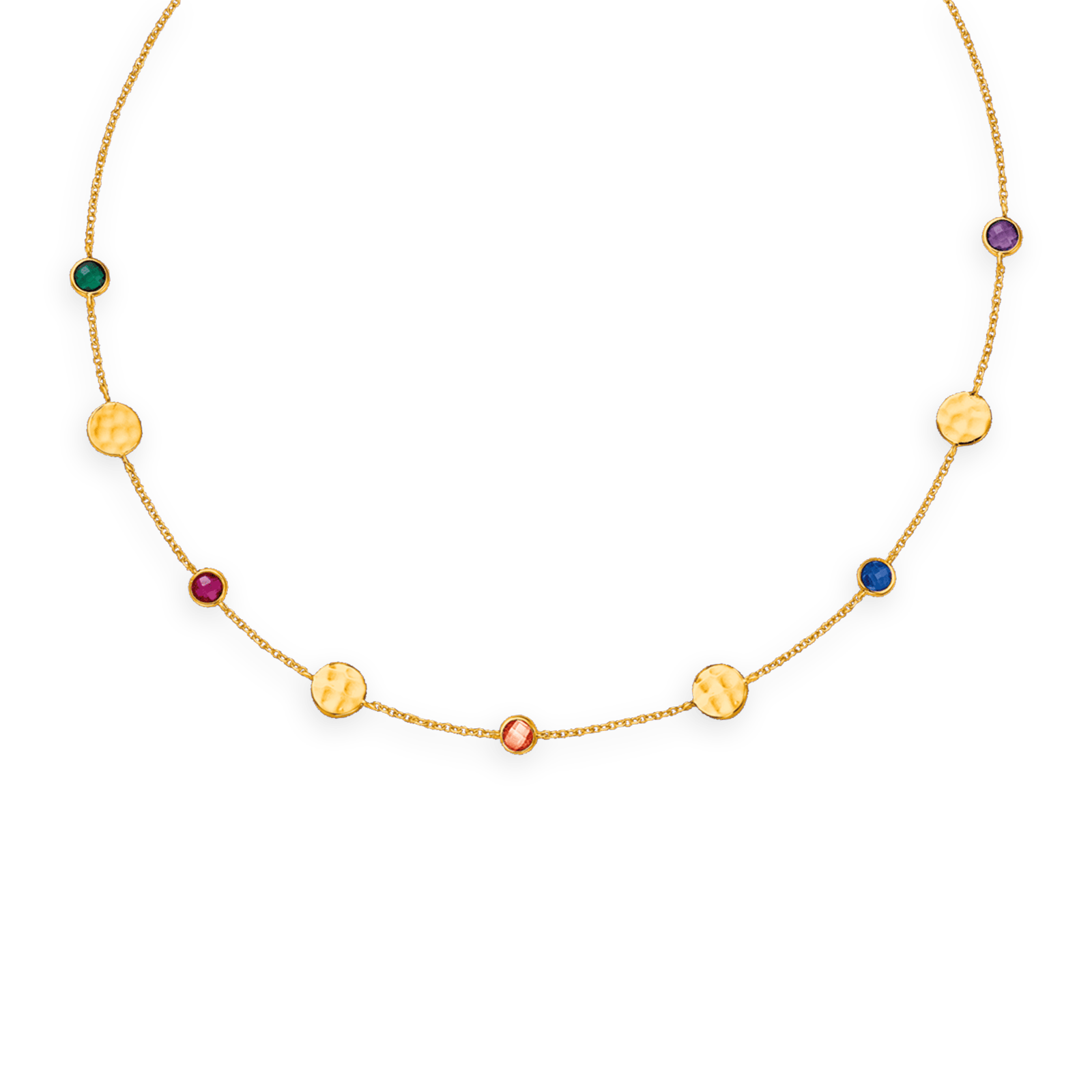 Collier chaîne plaqué or pastille martelées et zirconium teinté