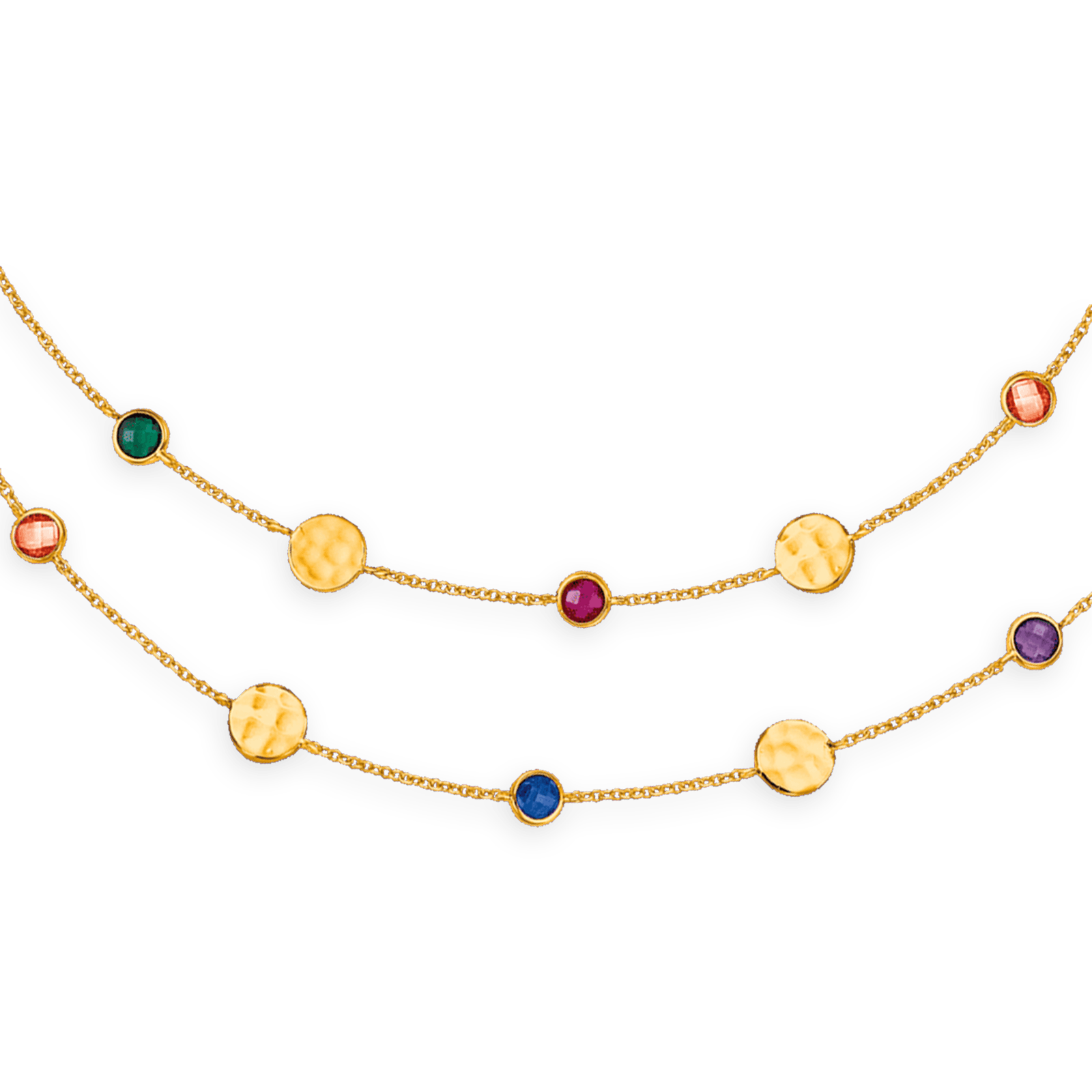 Collier chaîne plaqué or pastille martelées et zirconium teinté