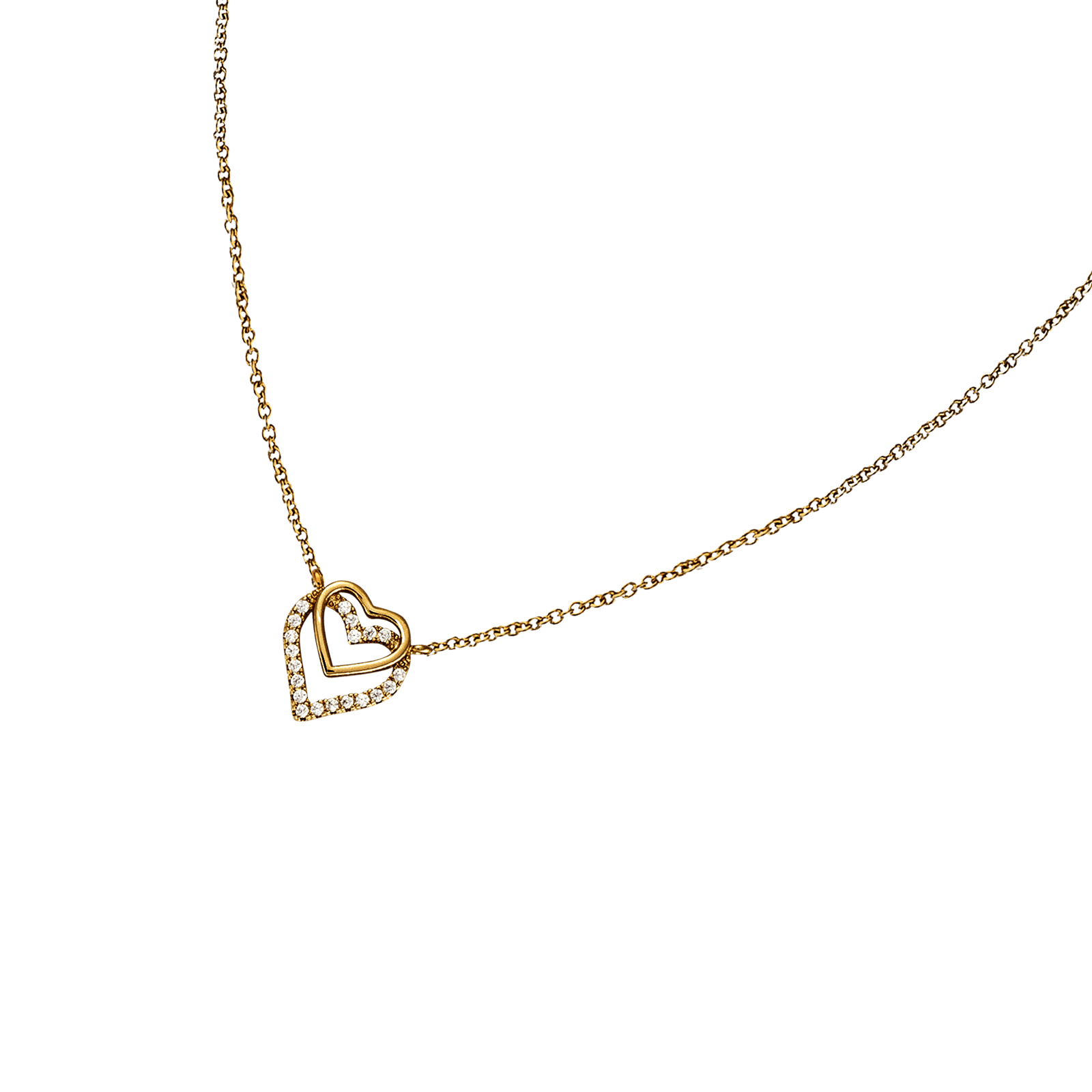 Collier Plaqué or double coeurs Lisse et Oxyde de Zirconium 42 plus 3 centimètres