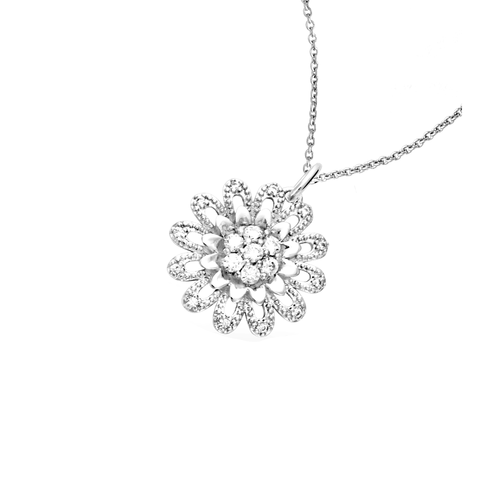 pendentif argent argent rond fleur oxydes blancs
