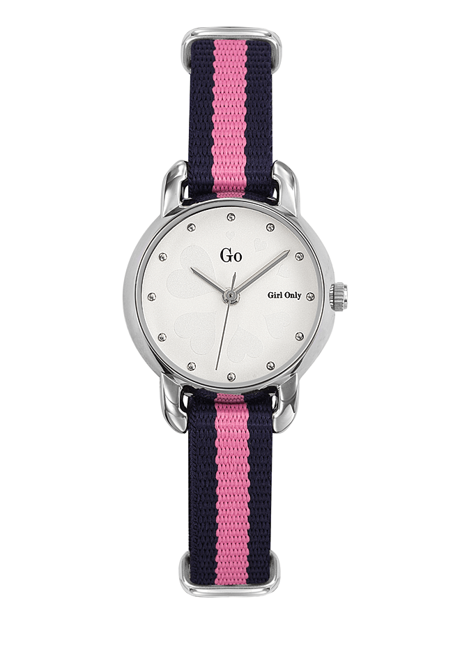 Montre femme boitier argenté bracelet tissu rose et bleu - 698775