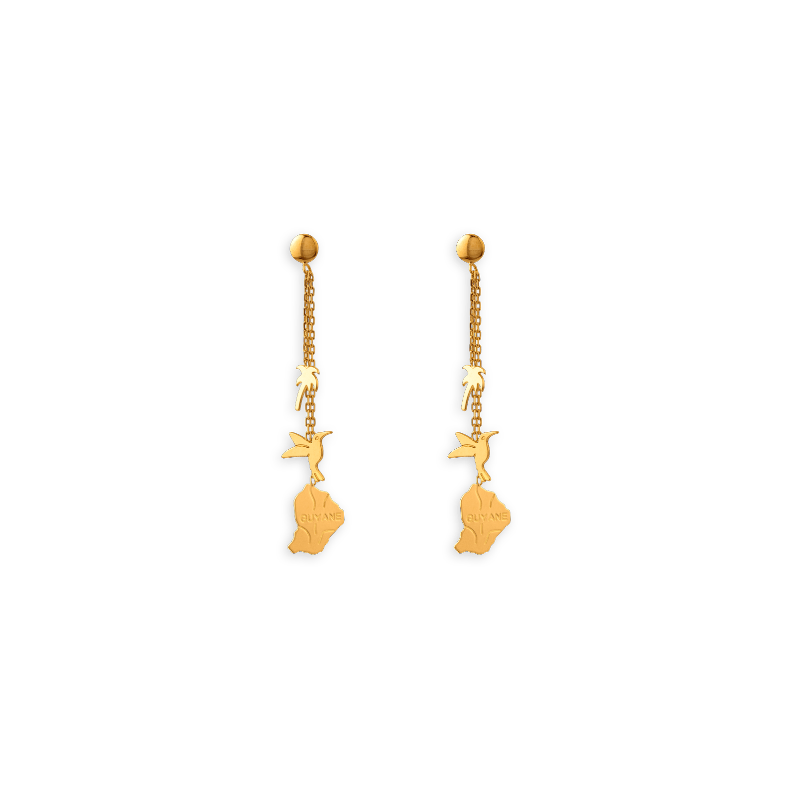 Boucles D'oreilles Carte Guyane  Palmier Colibri  Pendant 38mm Or750