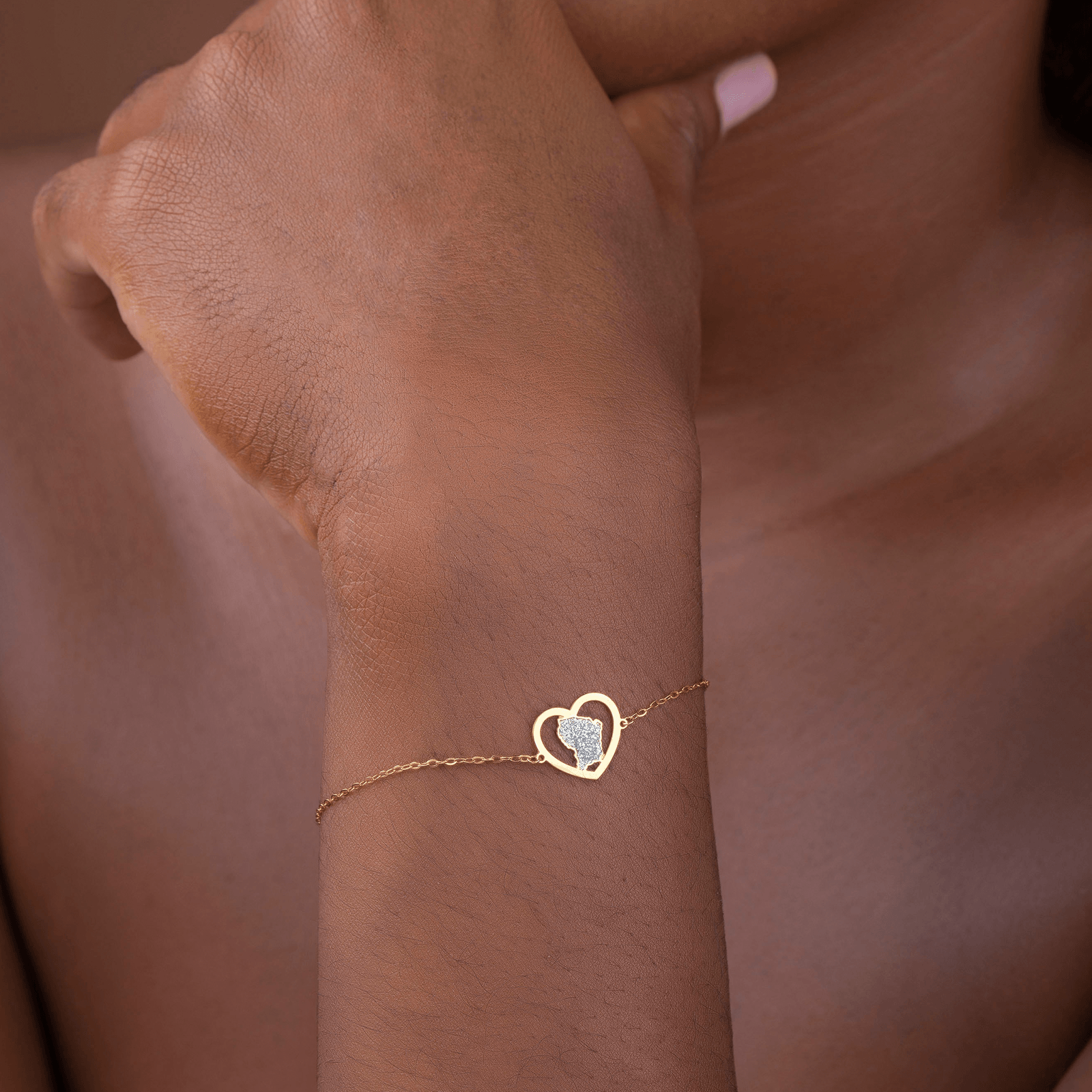 Bracelet Or 750 Coeur Carte Guyane Email Pailleté 17+2Cm