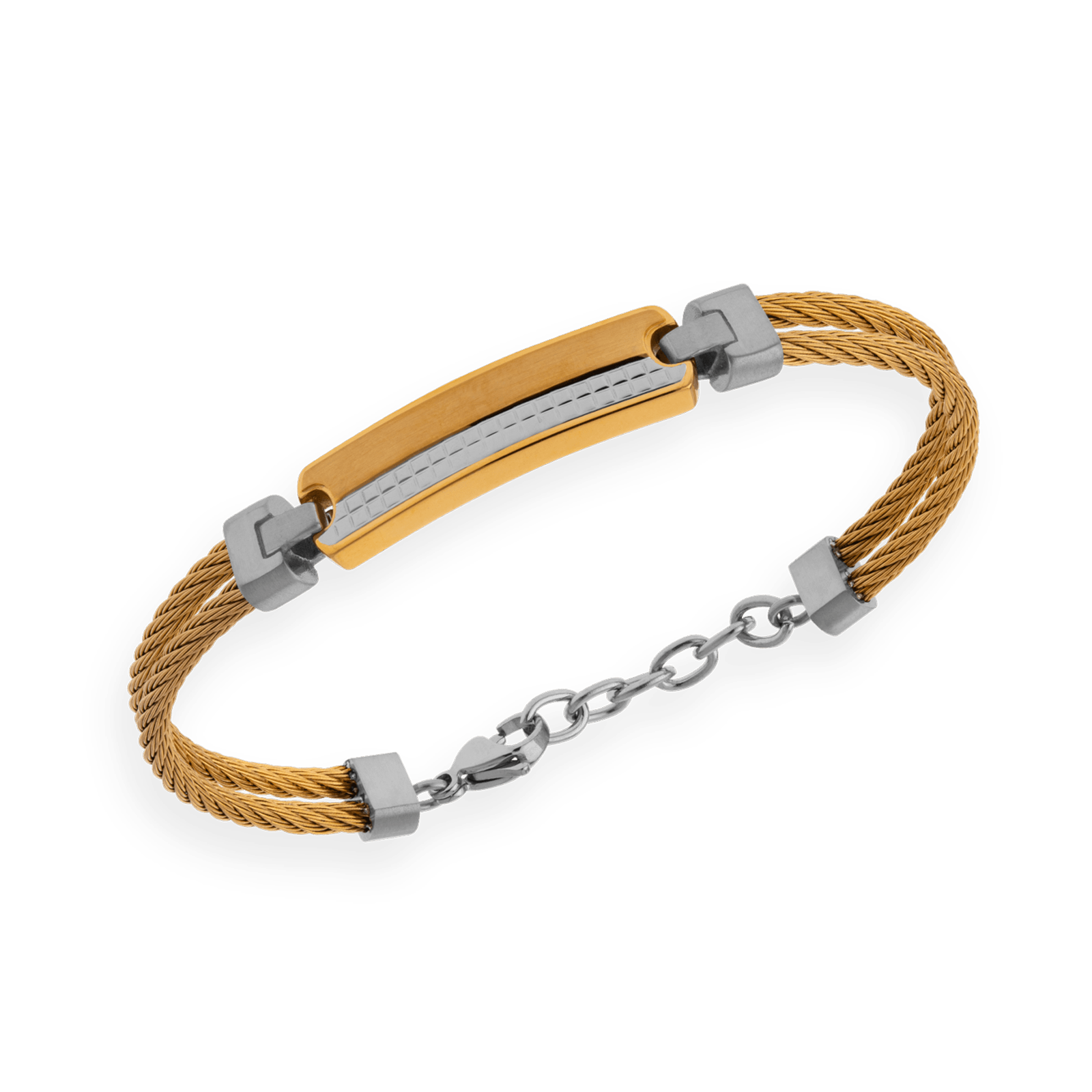 bracelet callas câble acier doré plaqué bicolore 19 plus 3 mm