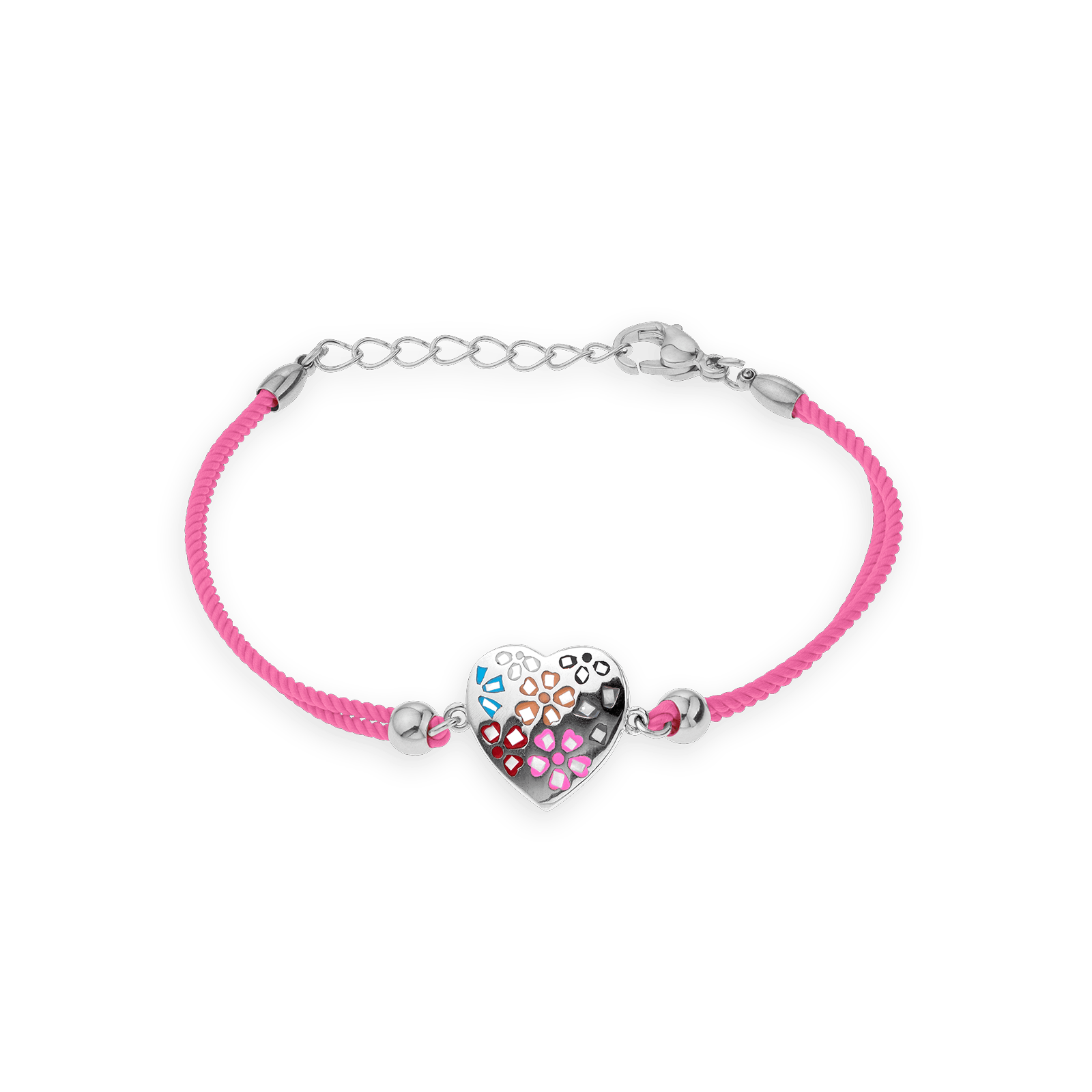 Bracelet Acier Cœur Email Multicolore Cordon rose