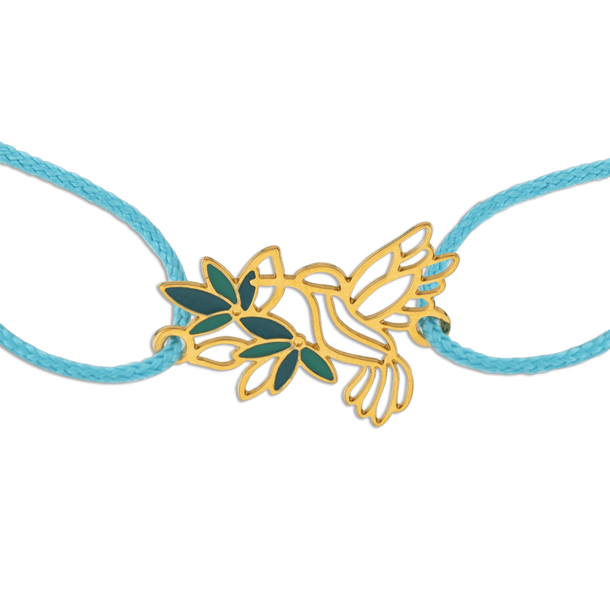 Bracelet Or 375 Colibri Fleur Email Vert Cordon Bleu 18cm