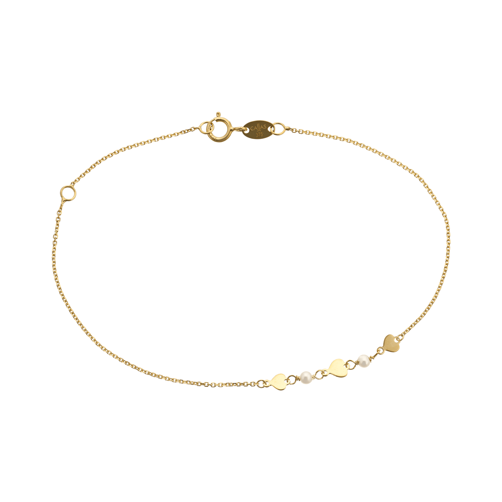 Bracelet Callas trois motifs coeurs Lisses et deux Perles blanches 17 plus 3 centimètres