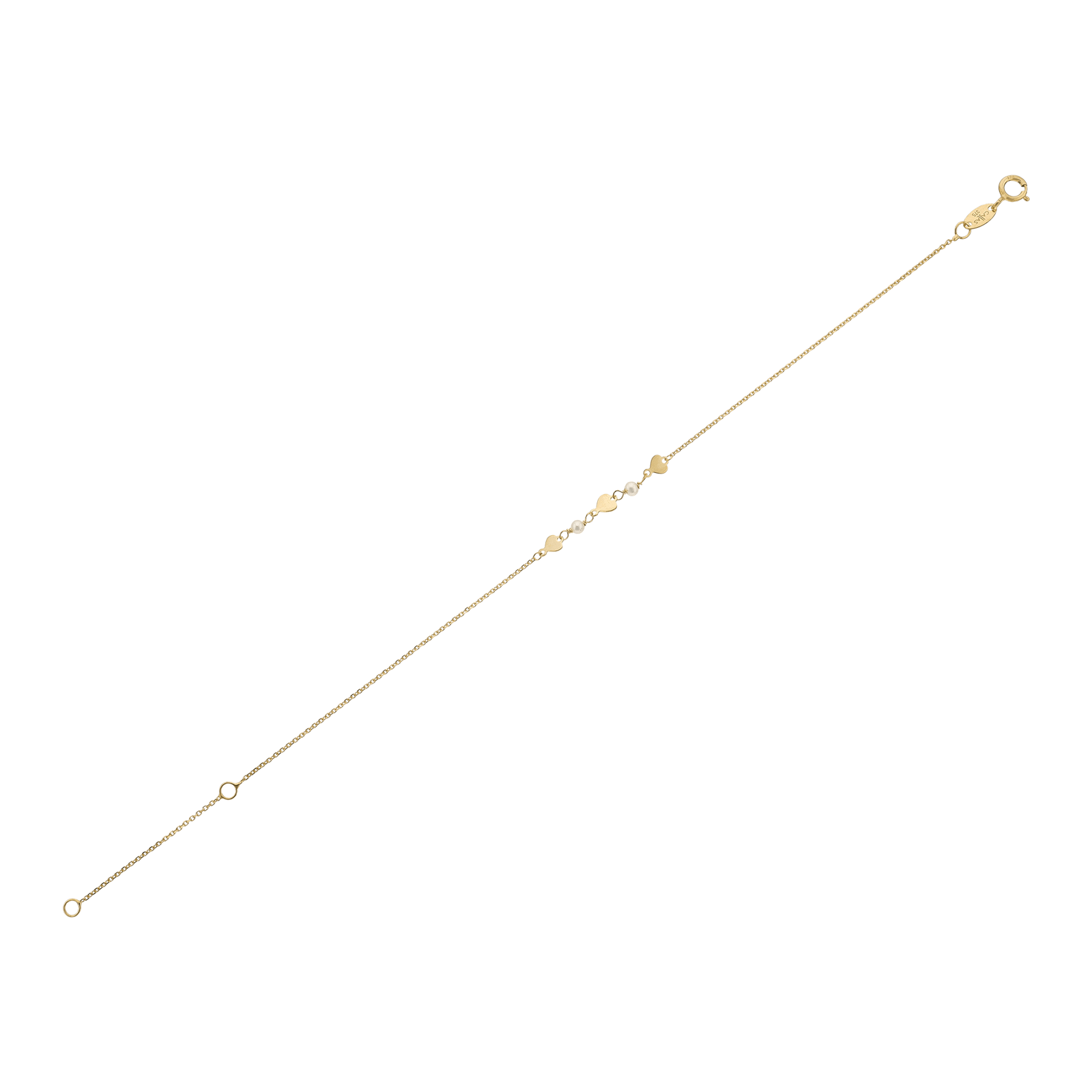 Bracelet Callas trois motifs coeurs Lisses et deux Perles blanches 17 plus 3 centimètres