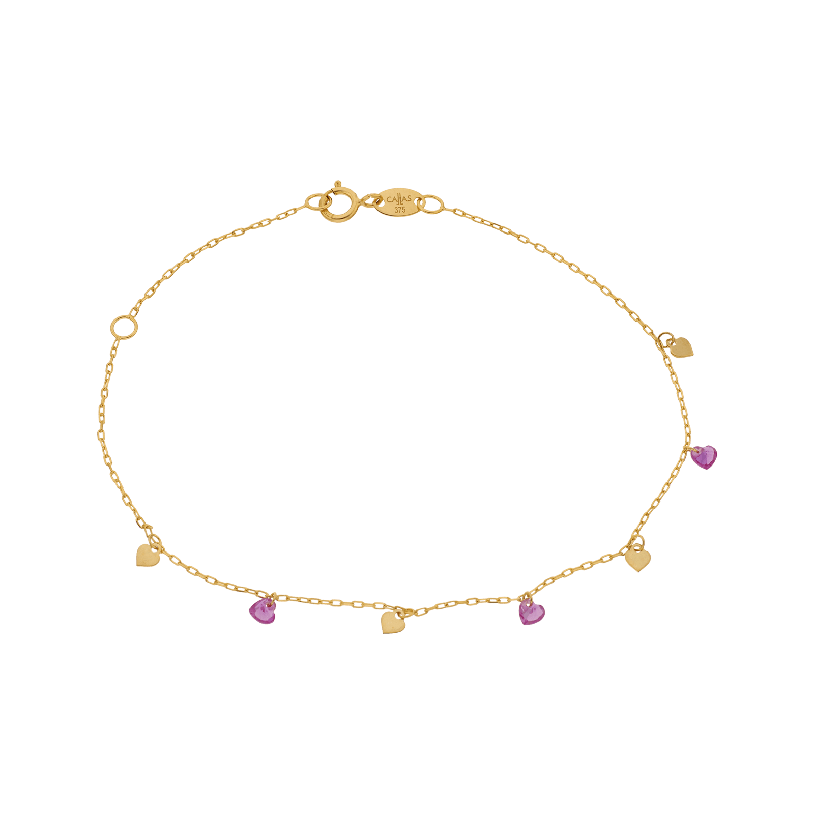 bracelet Callas motifs coeurs Lisses et coeurs oxydés Fuschia 17 plus 3 centimètres