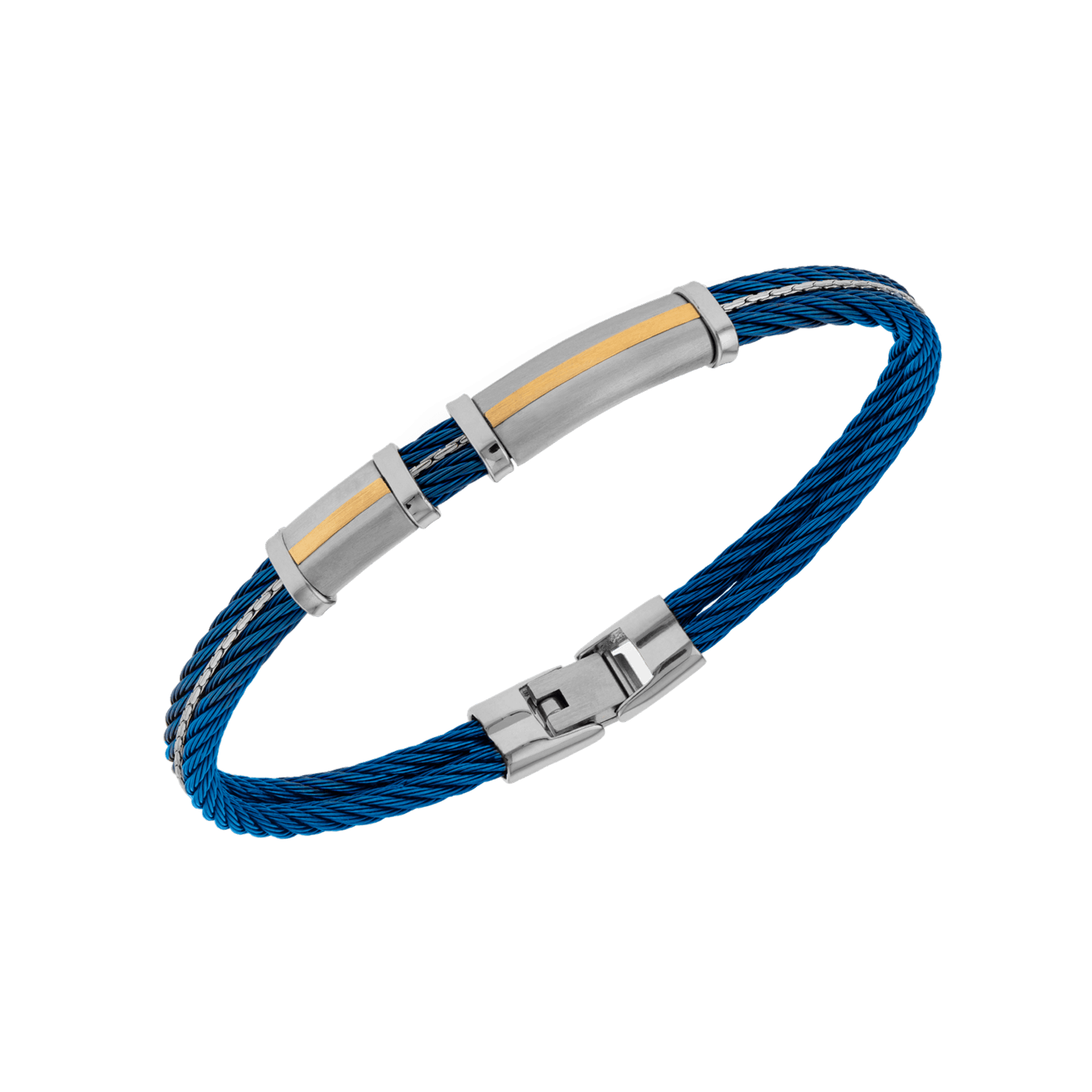 Bracelet Callas double câble bleu 2 bandes Or 18 carats sur 2 plaques 21 centimètres