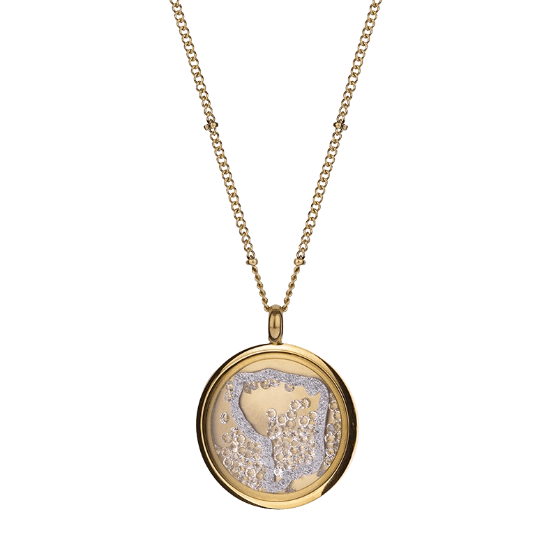 collier acier femme callas acier doré carte guyane paillettes argent sous verre et oxyde de zirconium 45+5cm