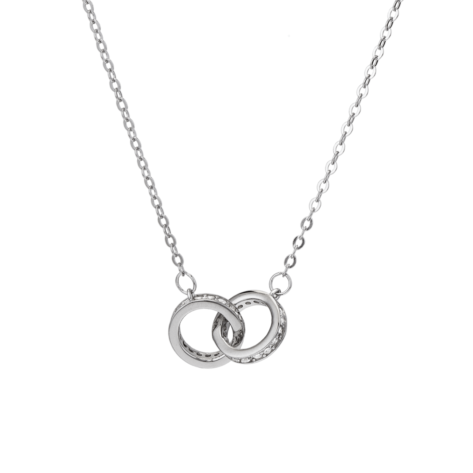 Collier Argent Centre 2 cercles serti Oxyde de Zirconium entrelacés 42 plus 3 centimètres