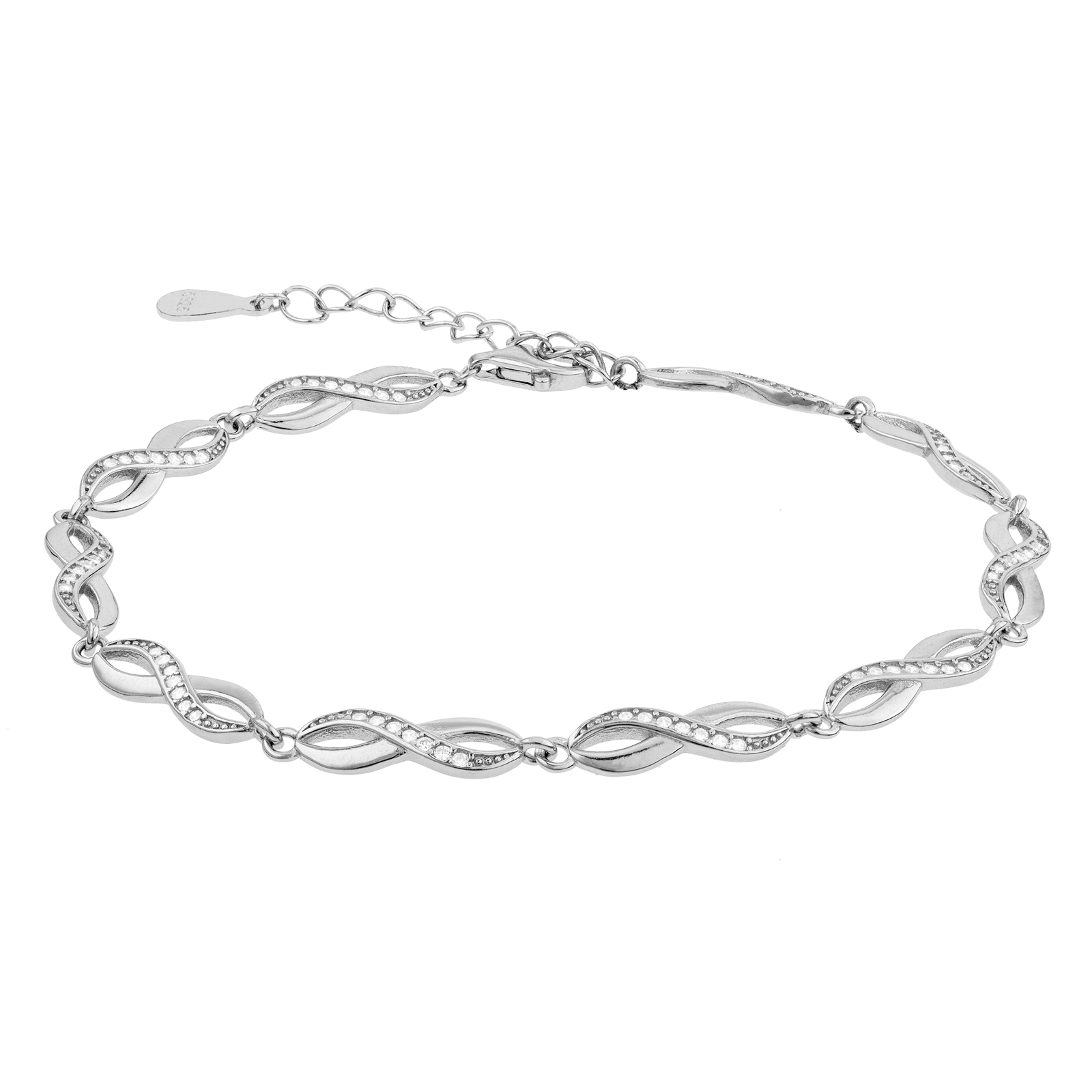 Bracelet Argent Infini Lisse et sertie Oxyde de Zirconium 17 plus 3 centimètres