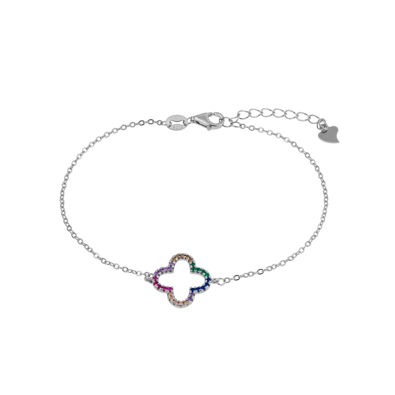 Bracelet Argent Centre fleur ajouré Oxyde de Zirconium arc en ciel 17 plus 3 centimètres