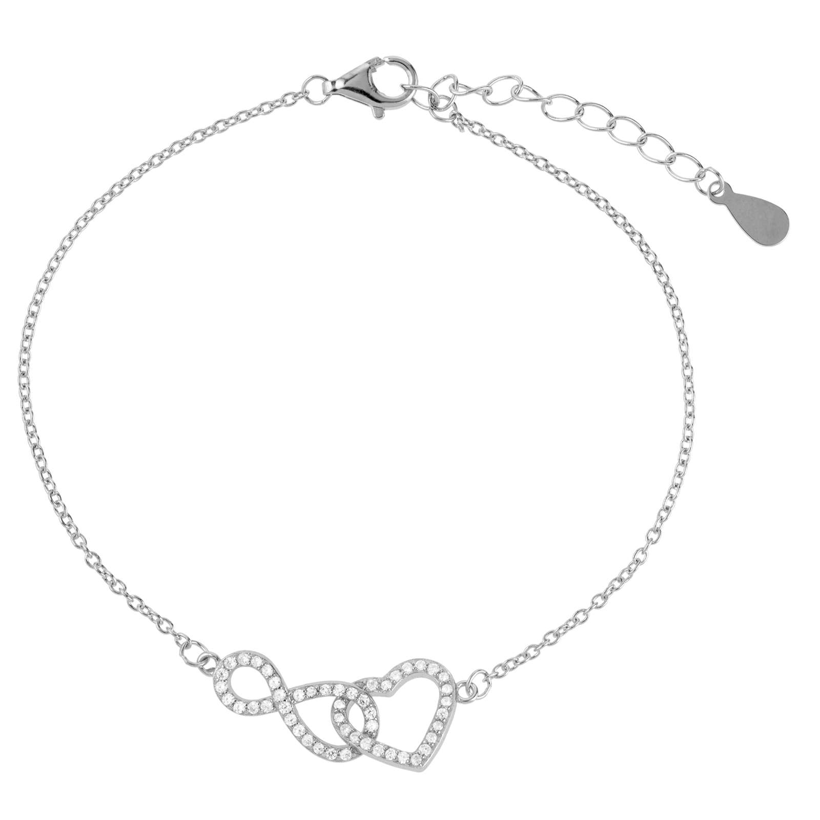 Bracelet Argent coeur et Infini Oxyde de Zirconium 17 plus 3 centimètres