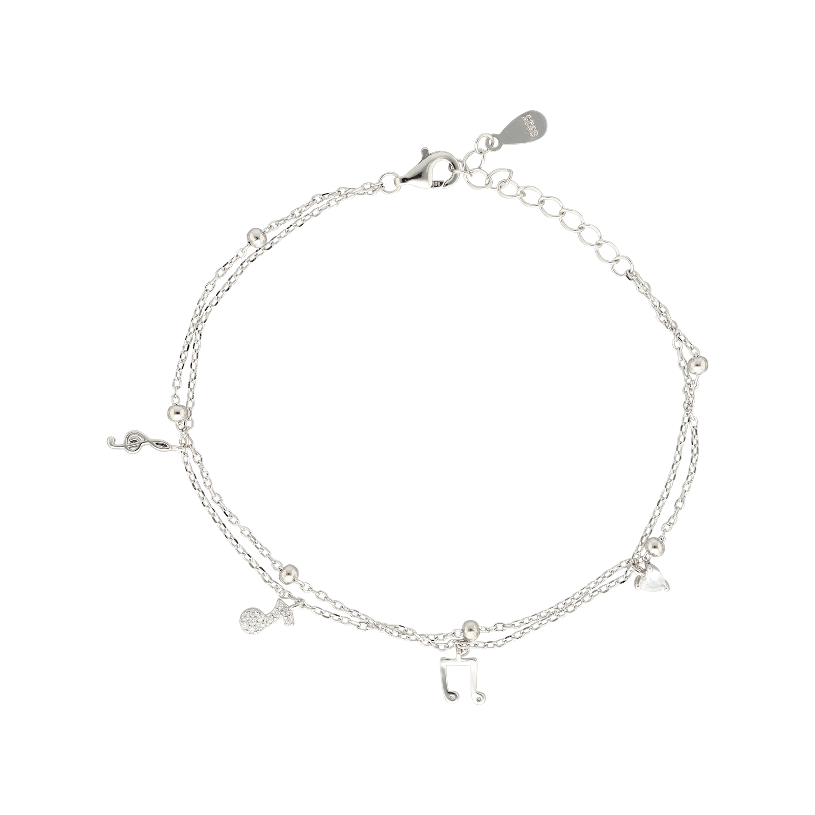 Bracelet Argent double chaîne boule plus note 17 plus 3 centimètres