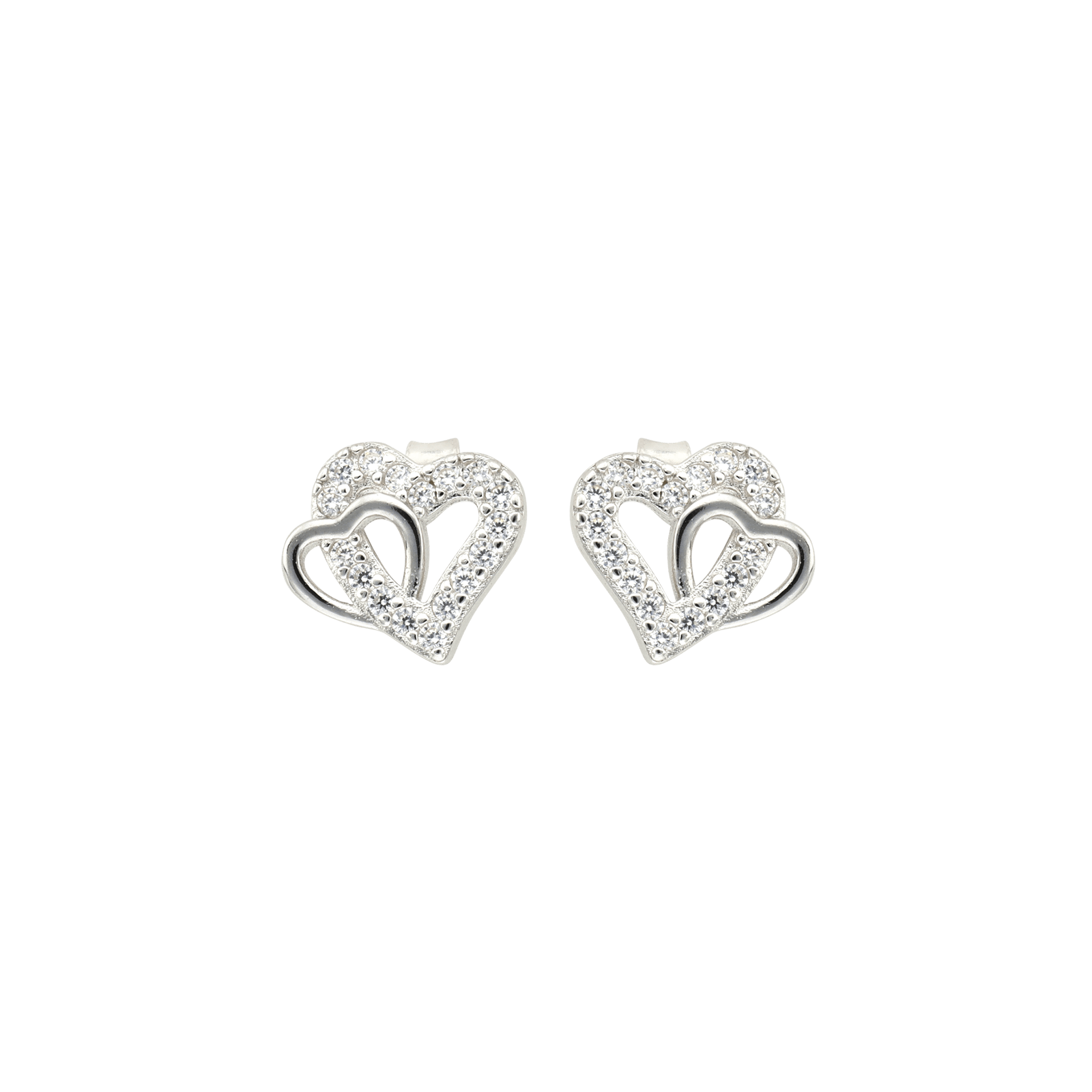 Boucles d'Oreilles puce Argent double coeur Lisse et sertie Oxyde de Zirconium
