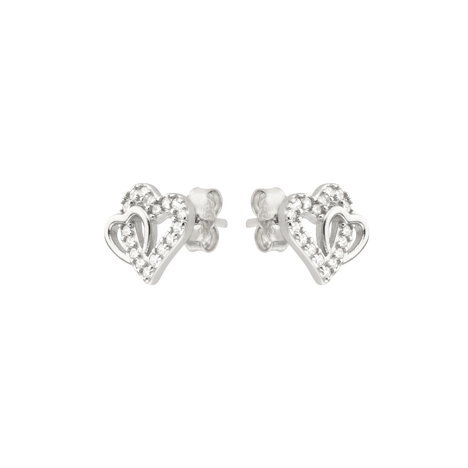Boucles d'Oreilles puce Argent double coeur Lisse et sertie Oxyde de Zirconium