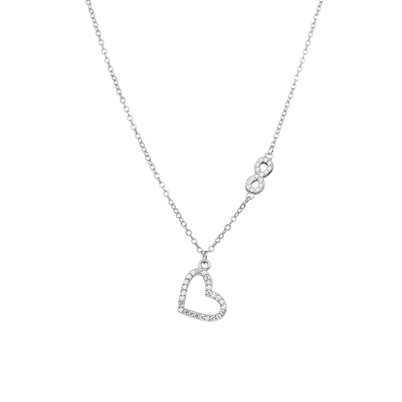 Collier Argent coeur et Infini ajouré Oxyde de Zirconium 42 plus 3 centimètres