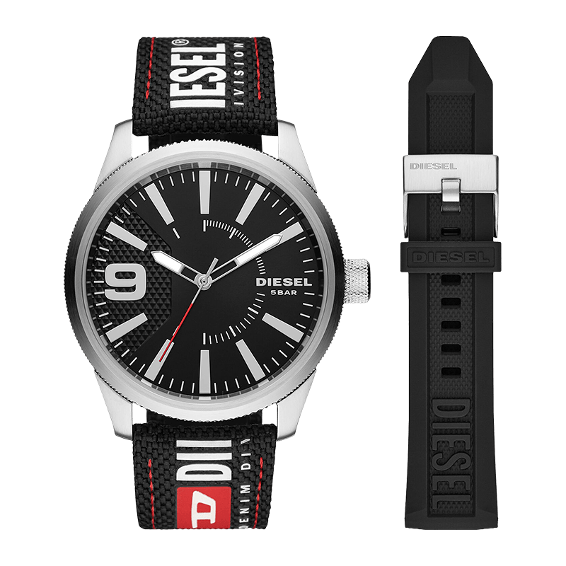 Coffret Montre Homme Diesel Rasp NSBB Boîtier Acier 46mm, Cadran Noir, Bracelet Nylon Noir/Rouge/Blanc + Bracelet Silicone Noir – DZ1906