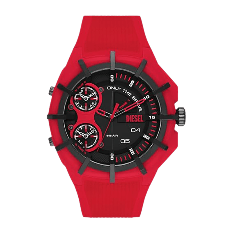 Montre Homme Diesel Framed Boîtier Résine/Nylon Rouge 51mm, Cadran Noir Mat, Bracelet Silicone Rouge –DZ1989