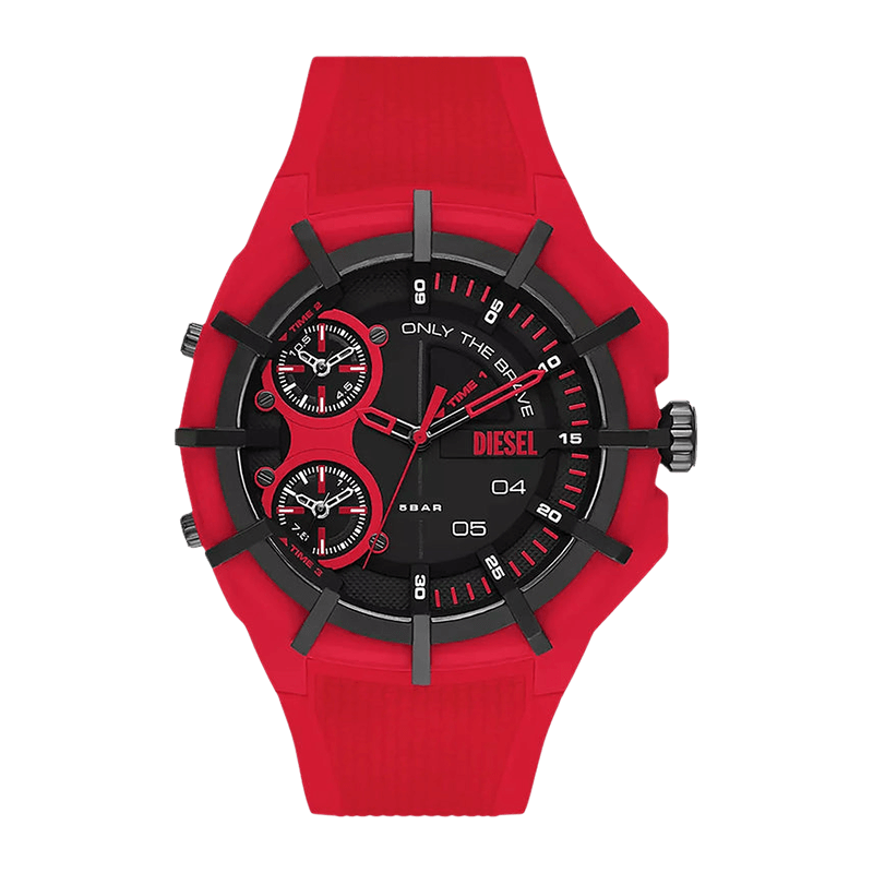 Montre Homme Diesel Framed Boîtier Résine/Nylon Rouge 51mm, Cadran Noir Mat, Bracelet Silicone Rouge –DZ1989