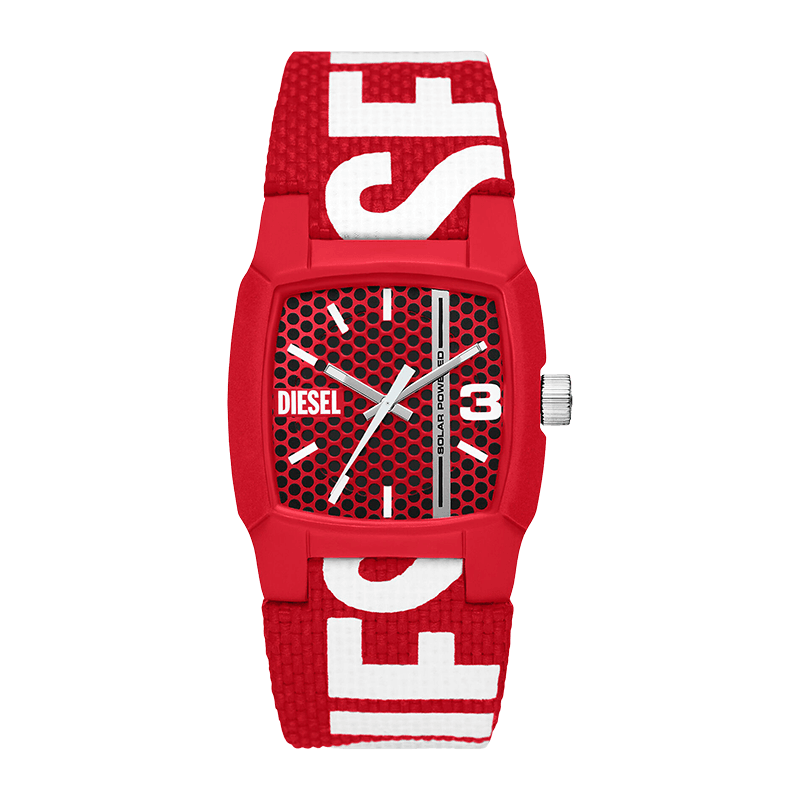 Montre Homme Diesel Cliffhanger Boîtier Résine Rouge 36mm, Cadran Rouge à Motifs, Bracelet Tissu/Plastique Océan Recyclé Rouge – DZ2168