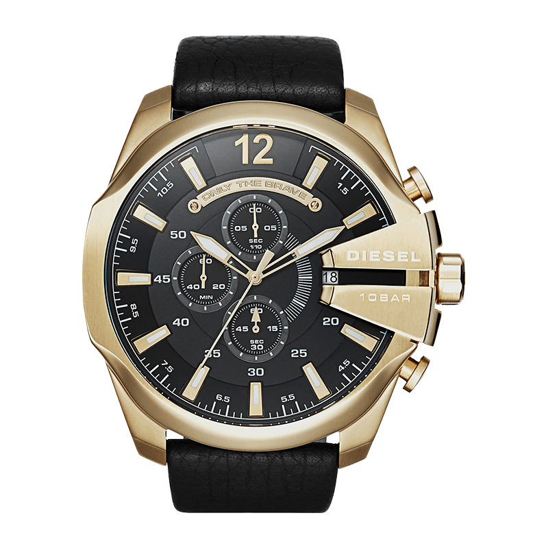 Montre Homme Diesel Mega Chief  Boîtier Acier Doré 51mm, Cadran Noir, Bracelet Cuir Noir – DZ4344