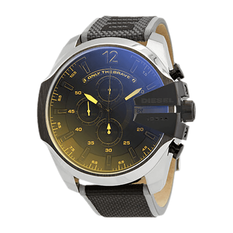 Montre Homme Diesel Mega Chief Fluorescent Boîtier Acier 51mm, Cadran Noir Irisé, Bracelet Nylon Noir/Gris/Jaune – DZ4523