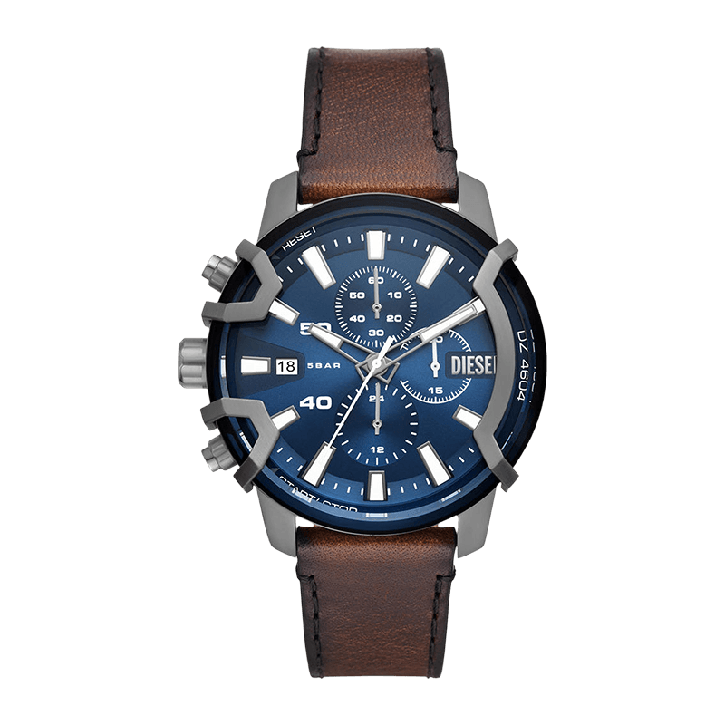 Montre Homme Diesel Griffed Mini Boîtier Acier 42mm, Cadran Bleu Soleillé, Bracelet Cuir Marron  Chronographe – DZ4604