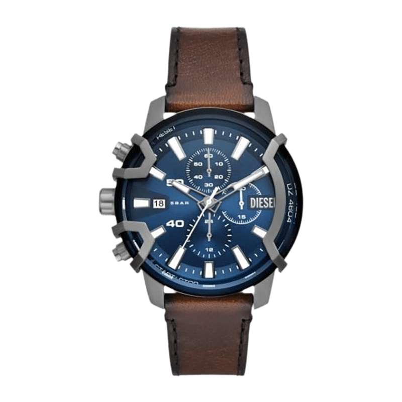Montre Homme Diesel Griffed Mini Boîtier Acier 42mm, Cadran Bleu Soleillé, Bracelet Cuir Marron  Chronographe – DZ4604