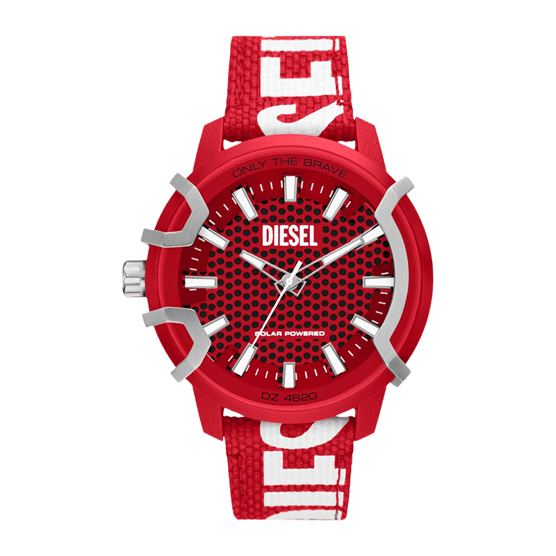 Montre Homme Diesel Griffed Solar Boîtier Résine Rouge 48mm, Cadran Rouge Brossé, Bracelet Textile/Plastique Océan Recyclé Rouge – DZ4620