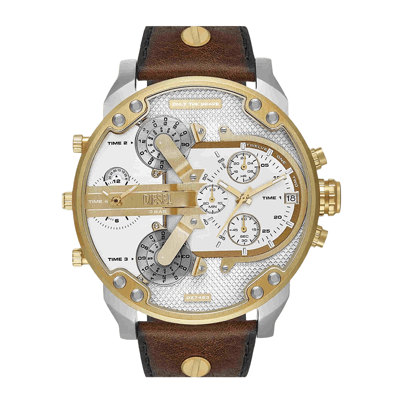 Montre Homme Diesel Mr. Daddy 2.0 XL  Boîtier Acier Argent/Doré 57mm, Cadran Argenté, Bracelet Cuir Marron  – DZ7483