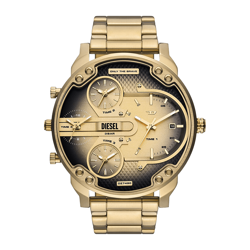 Montre Homme Diesel Mr. Daddy Slim XL Boîtier/Bracelet Acier Doré 54mm, Cadran Doré/Noir Multifonction – DZ7490
