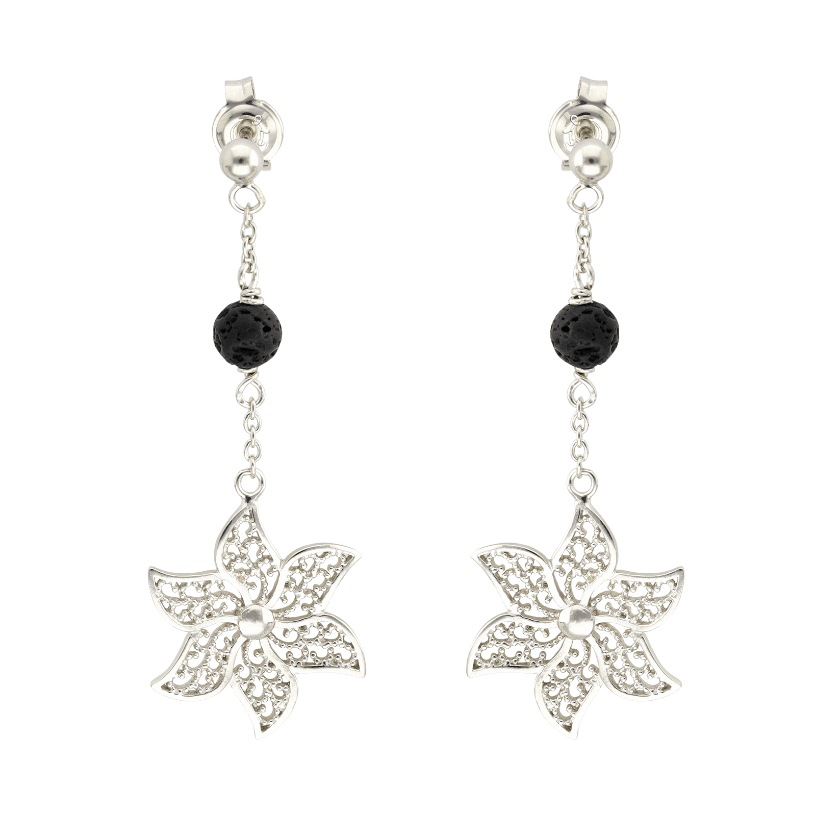 Boucles d'Oreilles Argent Pendentif fleur filigrane pierre de lave