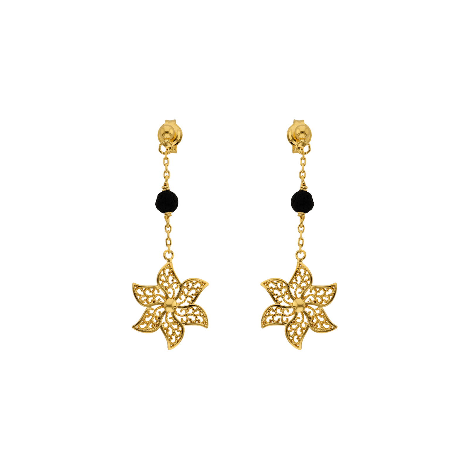 Boucles d'Oreilles plaqué or Pendentif fleur filigrane pierre de lave