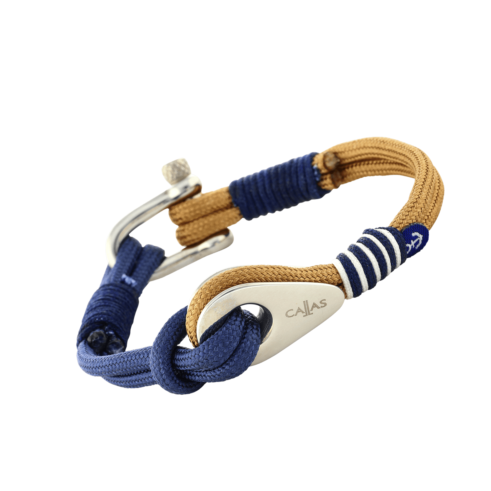 Bracelet Callas cordon nylon marron et bleu motif bateau manille Acier 21cm
