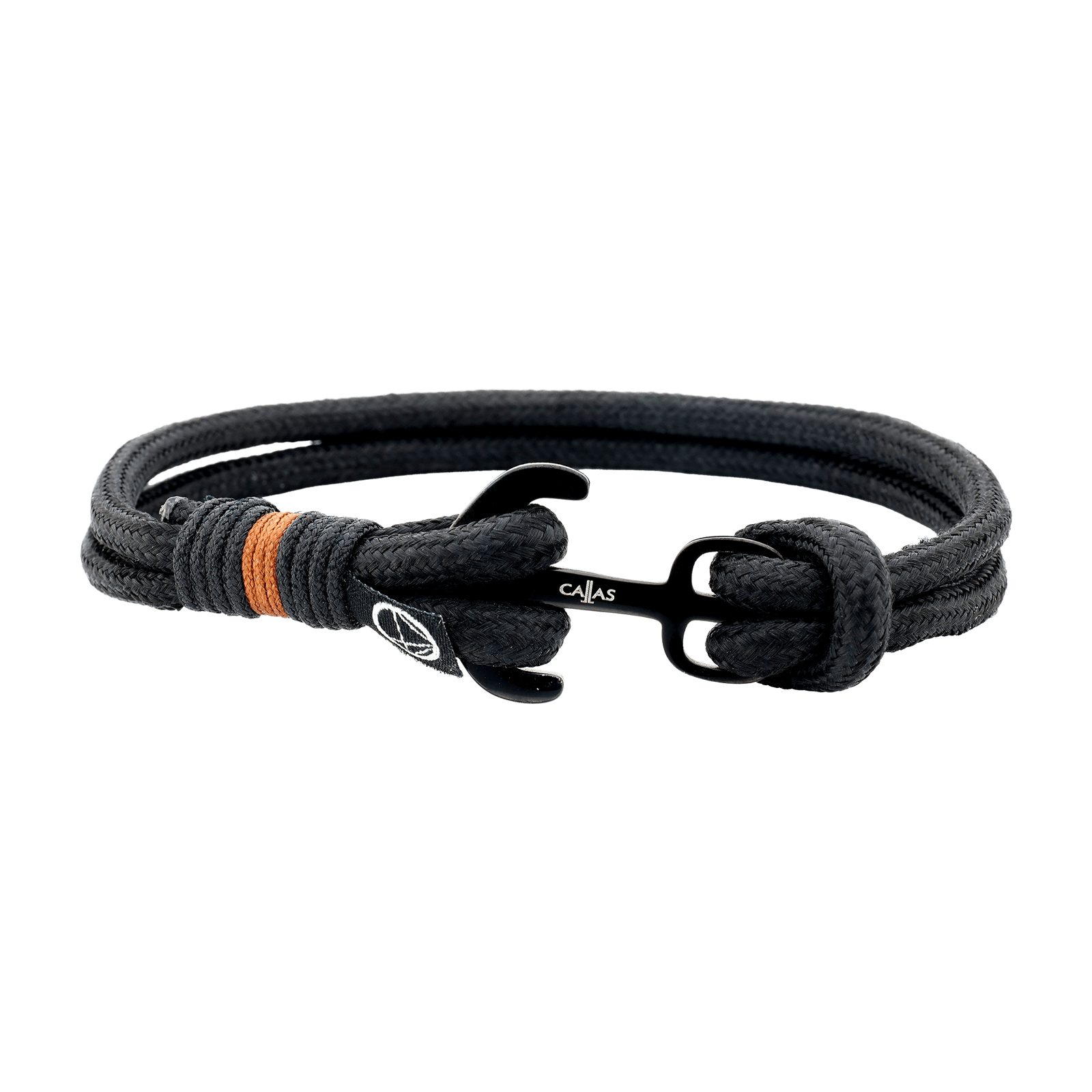 Bracelet Callas cordon nylon noir et marron ancre acier Ion Plating Black 21 centimètres