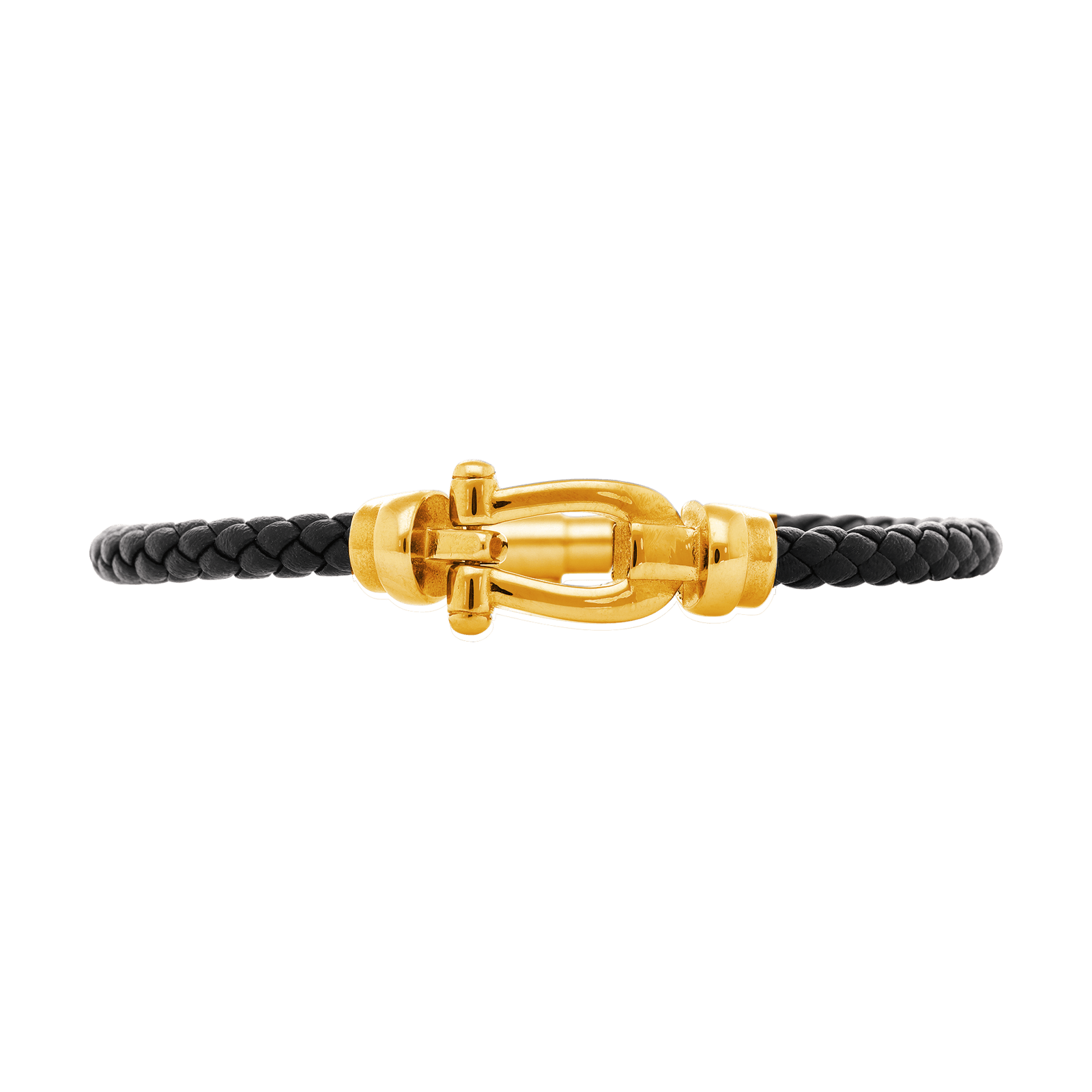 Bracelet Callas cuir tressé noir manille Acier doré 21 centimètres
