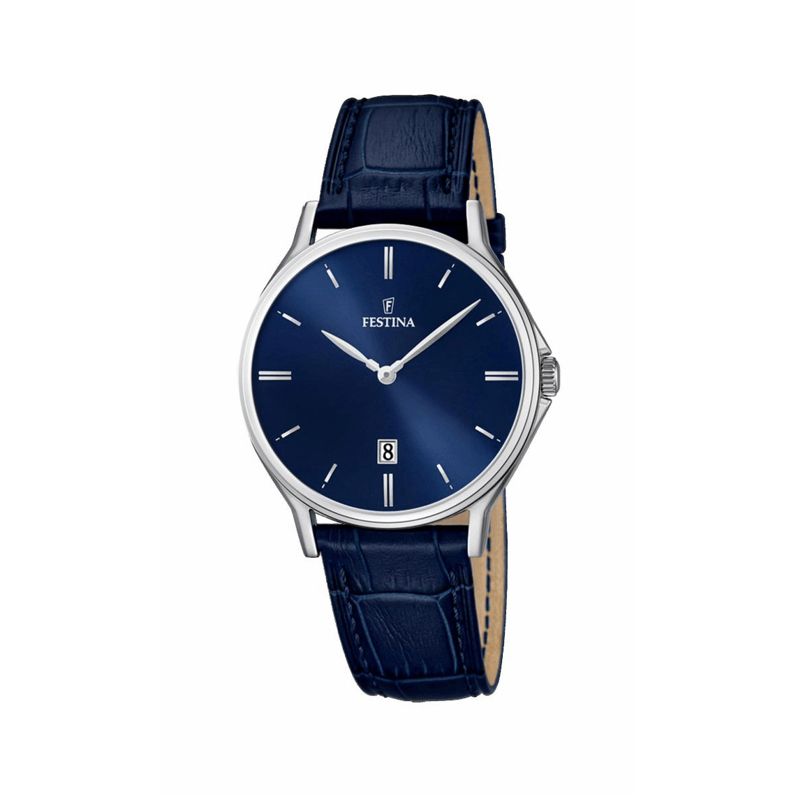 montre festina f16745-3 - bleue cuir homme, réalisée en acier et cuir, avec dateur et index en bâtonnets.