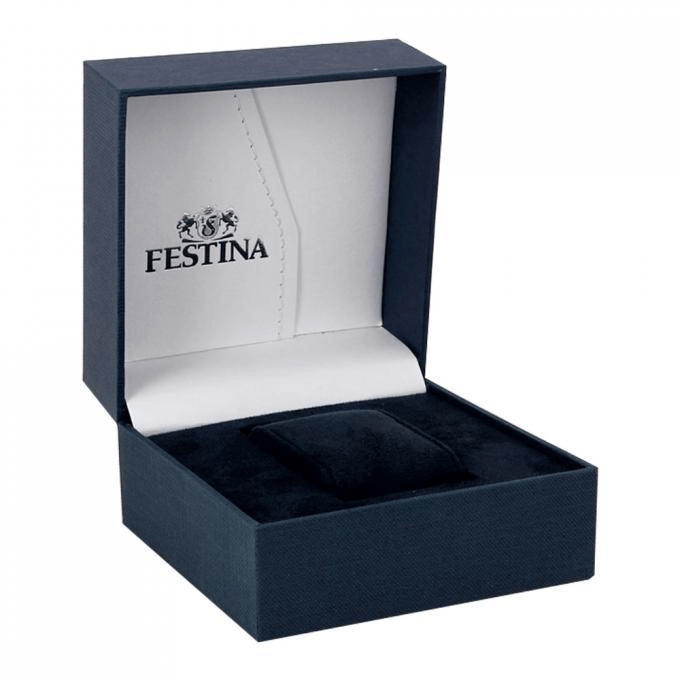 montre festina f16745-3 - bleue cuir homme, réalisée en acier et cuir, avec dateur et index en bâtonnets.