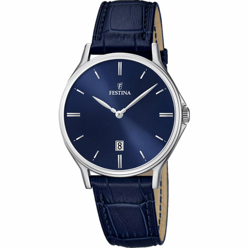 montre festina f16745-3 - bleue cuir homme, réalisée en acier et cuir, avec dateur et index en bâtonnets.