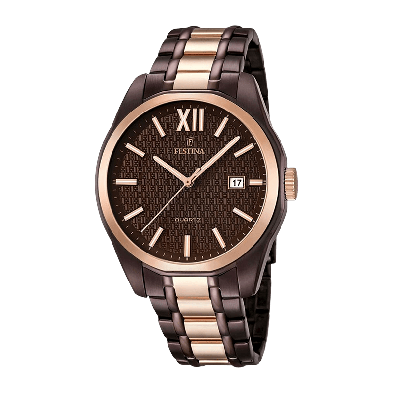 montre festina f16855/2 (modèle « dress ») : habillée pour homme, mouvement quartz précis, boîtier rond de ~43 mm en acier bicolore (acier + finition rose gold), verre minéral, aiguilles et index luminescents, étanche jusqu’à 100 m (10 atm), bracel