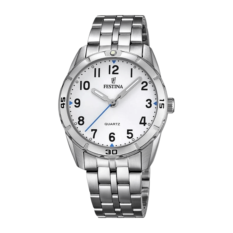 montre festina junior (référence f16907/1) : enfant avec boîtier acier inoxydable argenté 32,6 mm, mouvement quartz analogique, verre minéral, étanchéité 5 atm, bracelet acier assorti au design sobre et cadran minimaliste.