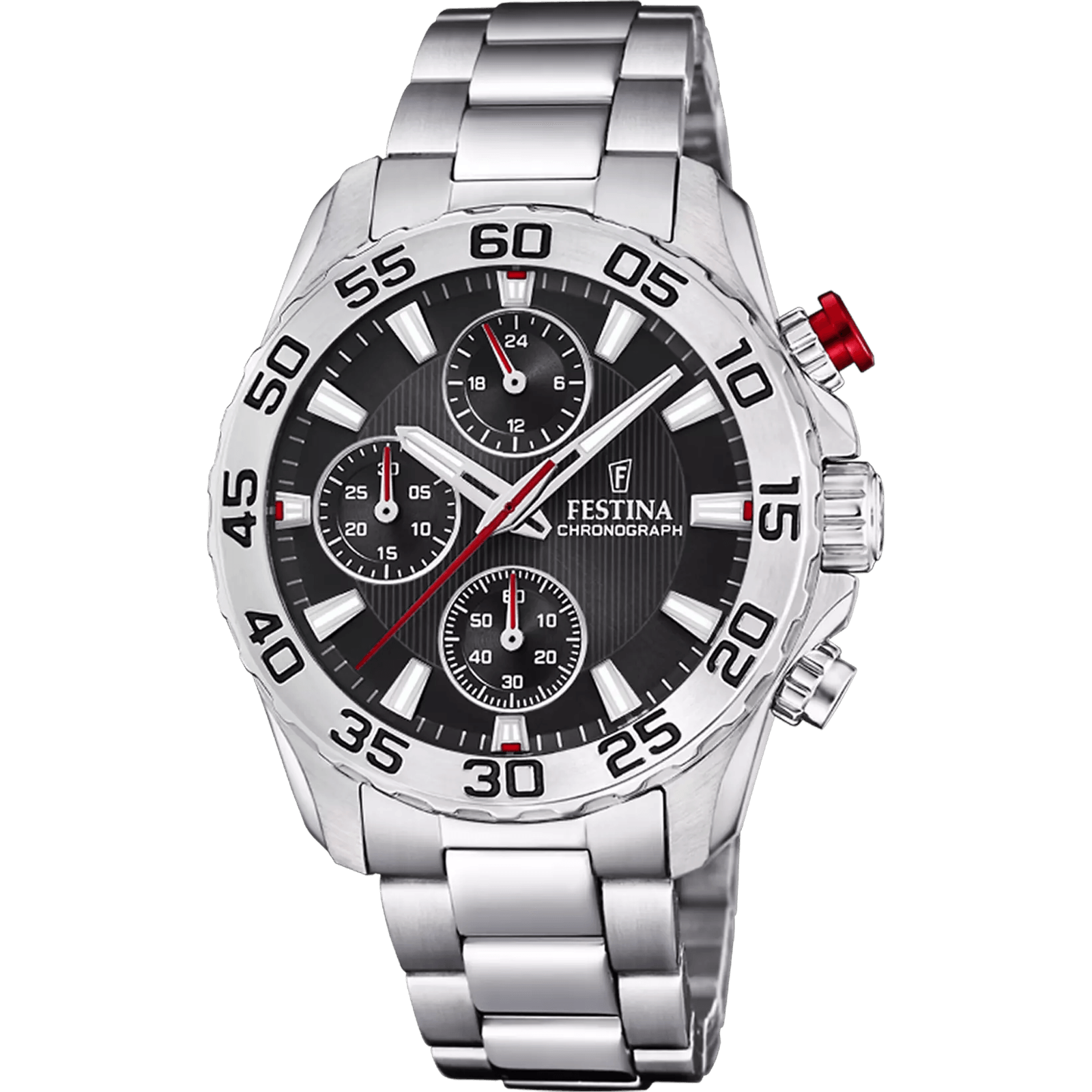 montre festina junior f20457/3 - analogique chronographe à quartz pour enfants/adolescents, boîtier acier ~37 mm, cadran noir, verre minéral, bracelet acier argenté avec boucle déployante, étanchéité 50 m.