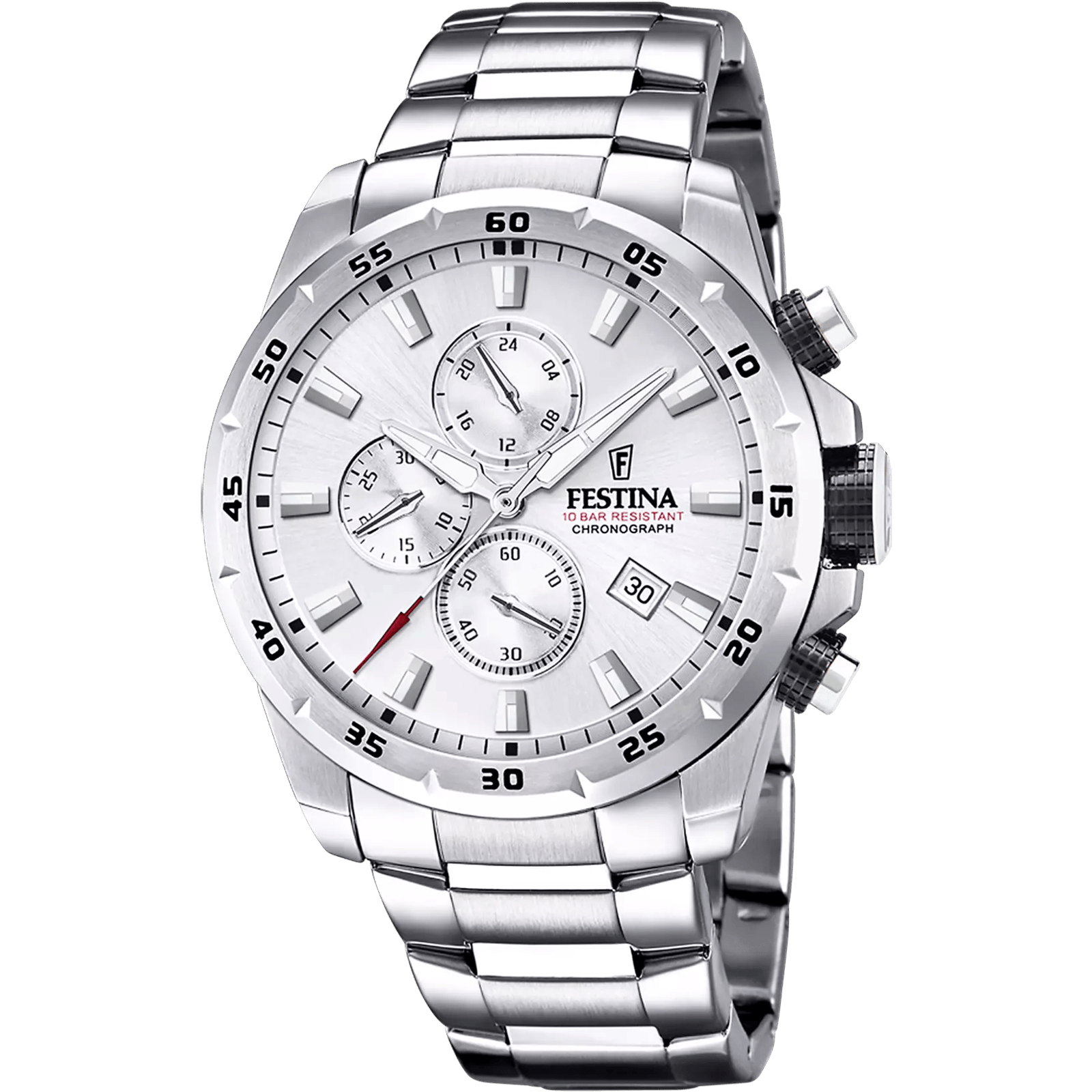 Festina Chrono Sport F20463/1, montre chronographe pour homme sportive avec boîtier acier inoxydable, mouvement quartz, fonction chronographe, affichage date, verre minéral, bracelet acier, étanche 10 ATM.