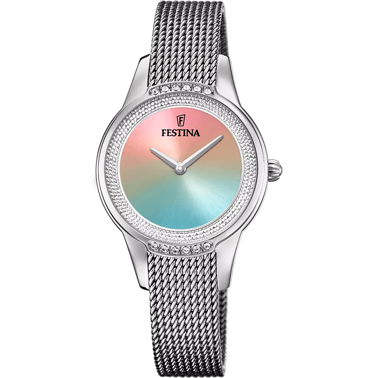 Montre Femme Festina Mademoiselle F20494/9 – cadran multicolore, lunette sertie de strass, bracelet maille milanaise en acier argenté
